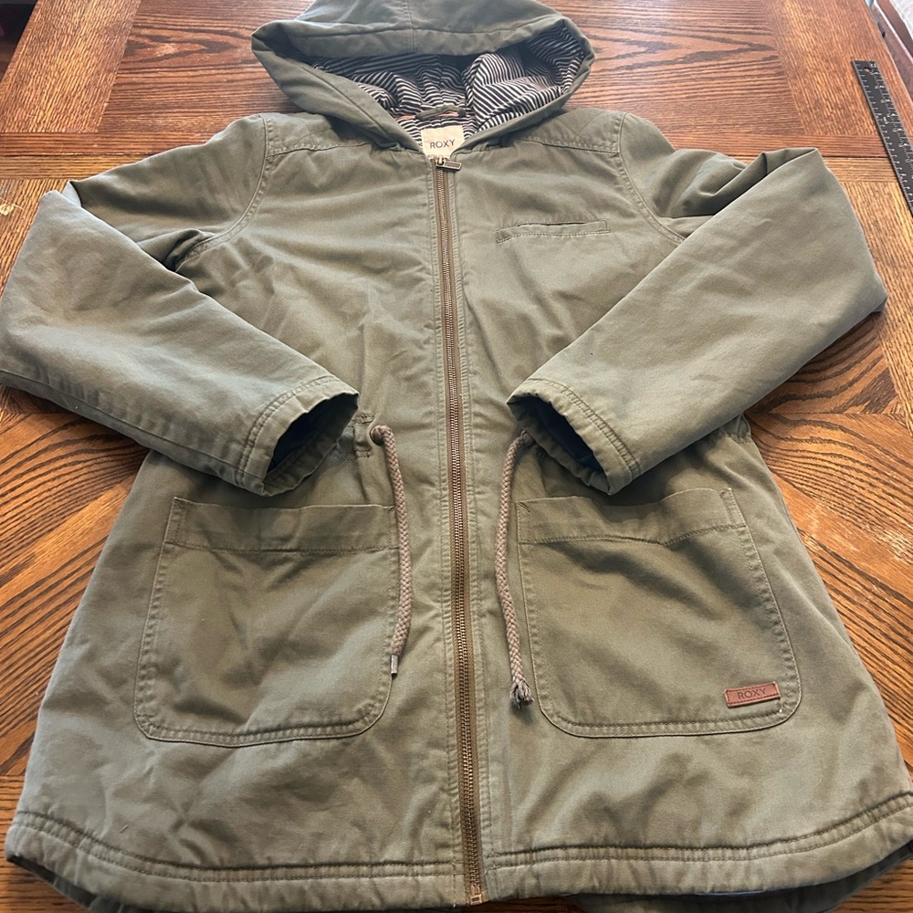 Roxy Womens Medium Jacket Army Green Hooded Zipper L Hoody Surf Skate A0116 Zip